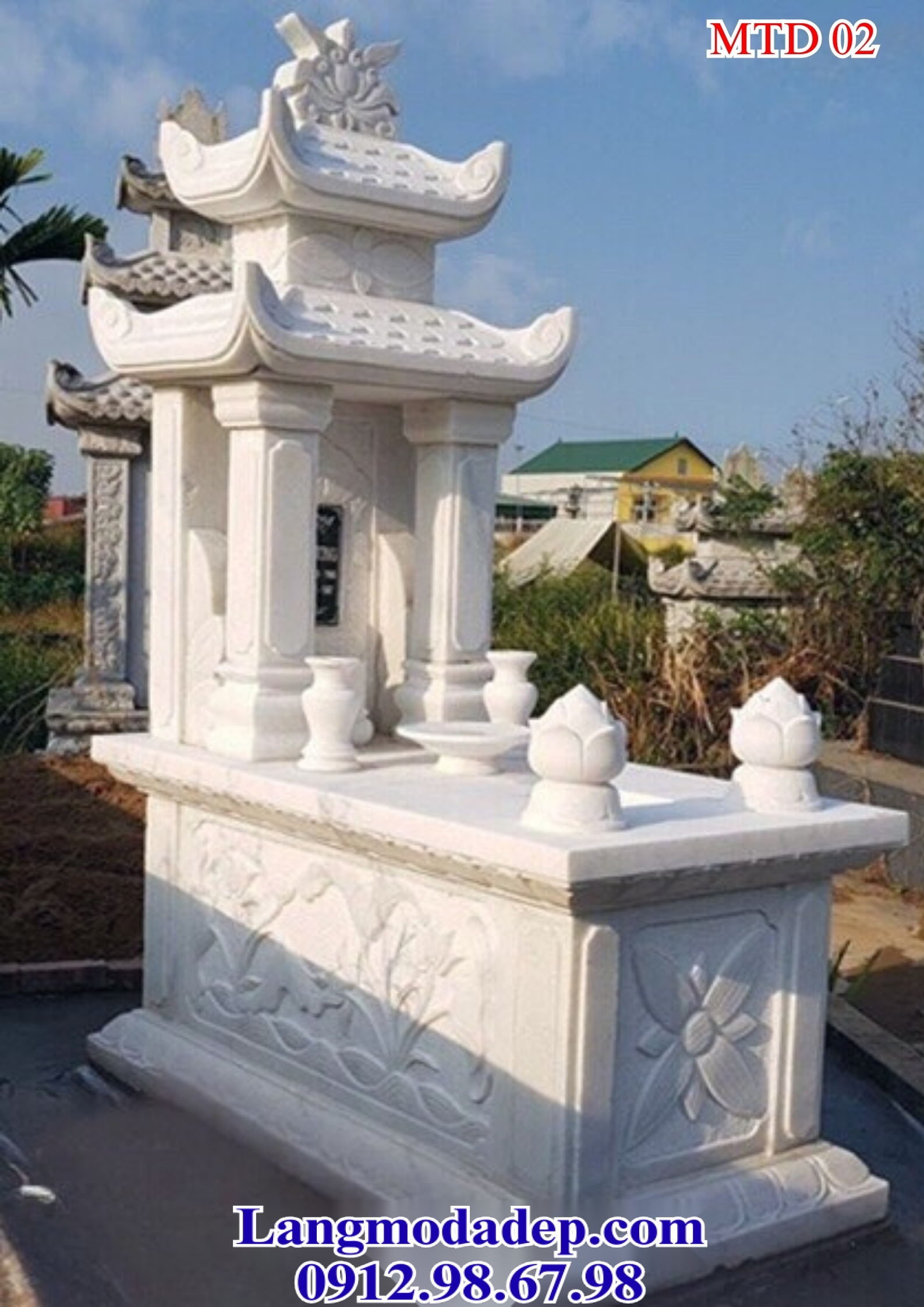 Mộ đá trắng hai mái đao chạm khắc tinh xảo – MDT 02